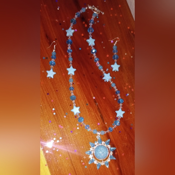 Sunburst Star Sunstone Rhinestone Crystal Turquoise Pendant Necklace Earrings - Picture 6 of 11